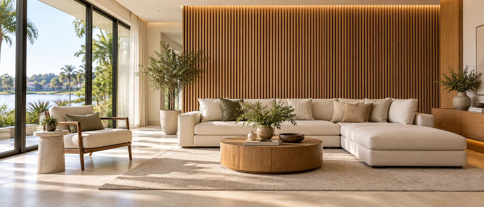 Renovated modern living room with a vertical oak slatted accent wall and cream seating
