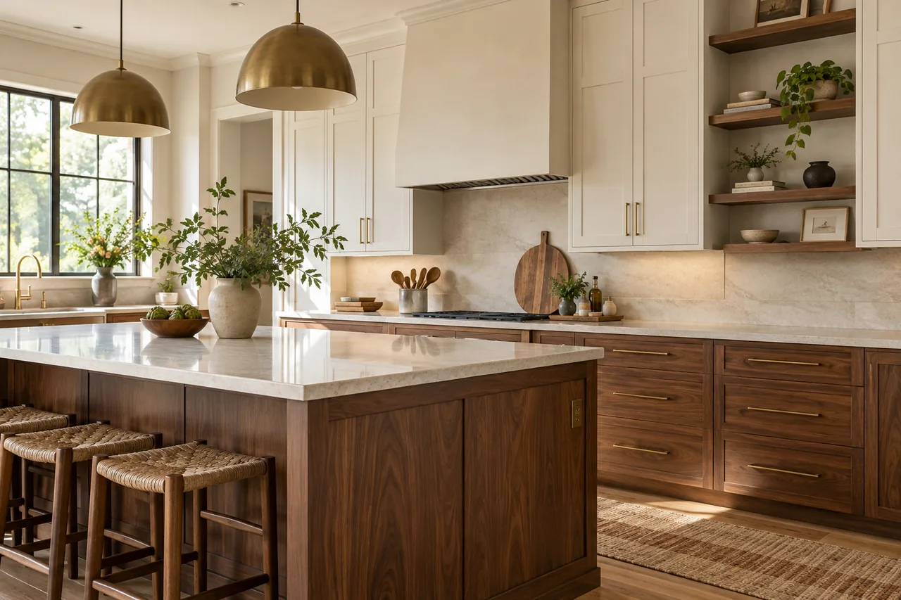 Modern kitchen with walnut and ivory cabinetry and precise finishing details