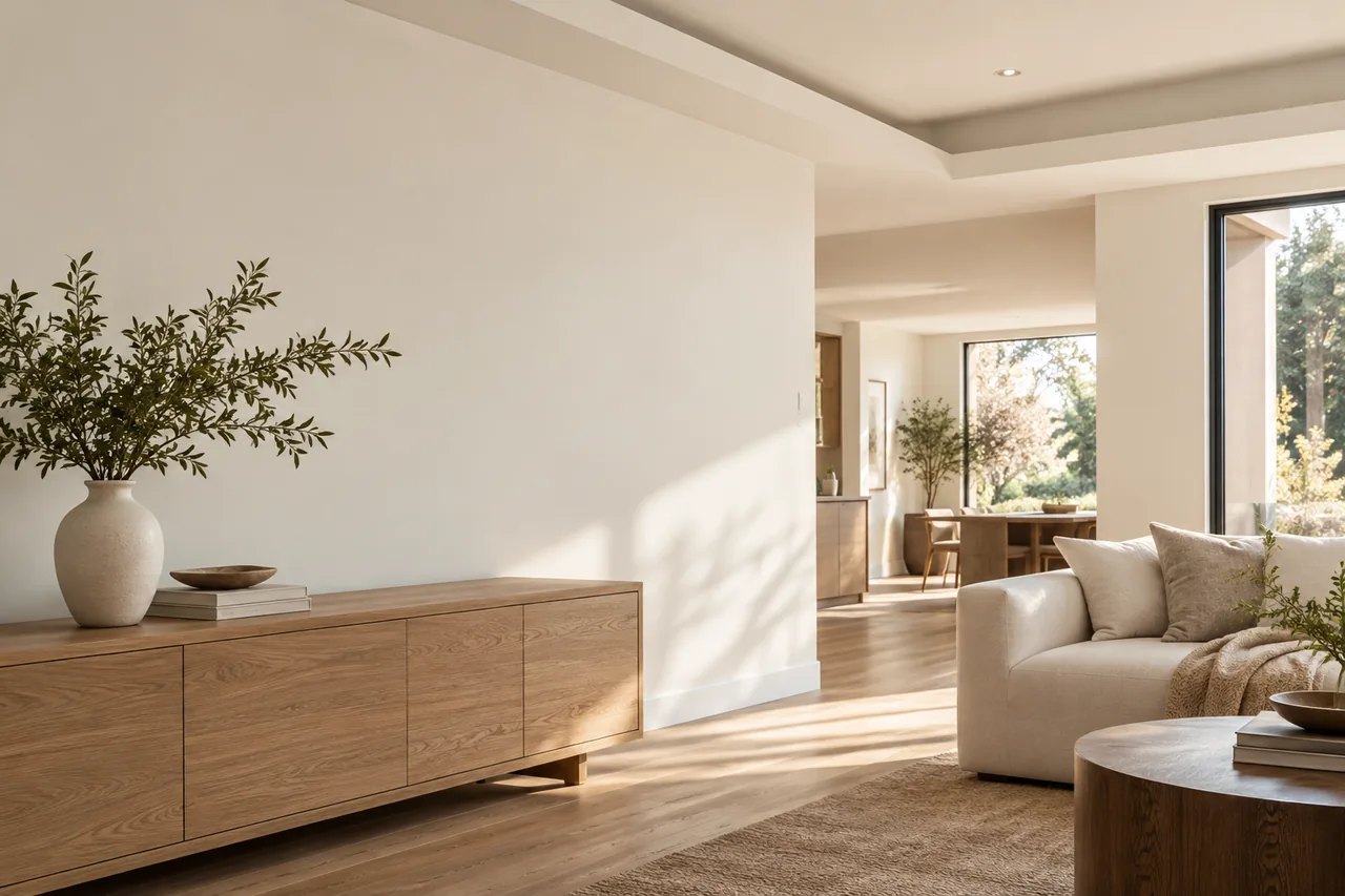 Modern living room with smooth ivory walls and crisp ceiling finishes