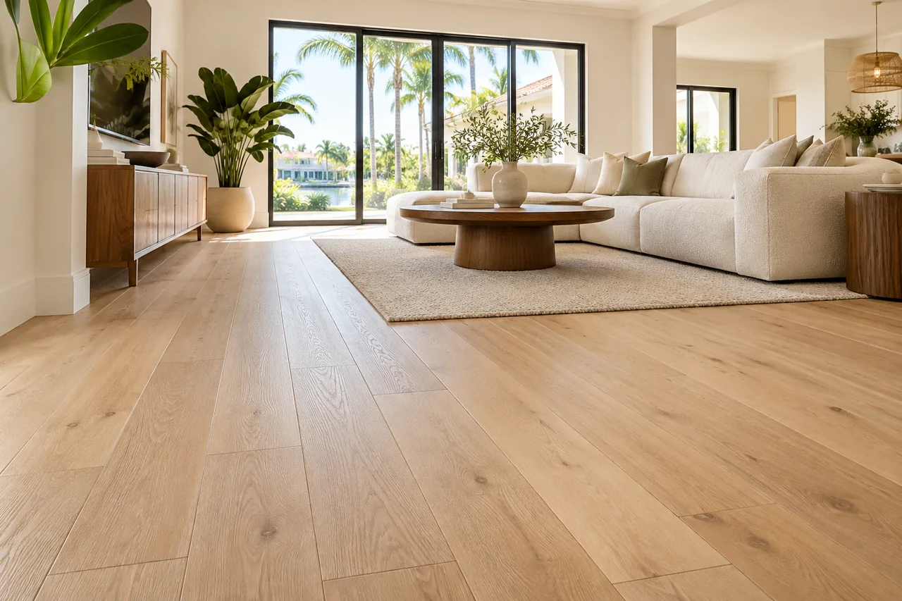 Contemporary living room showcasing natural oak plank flooring