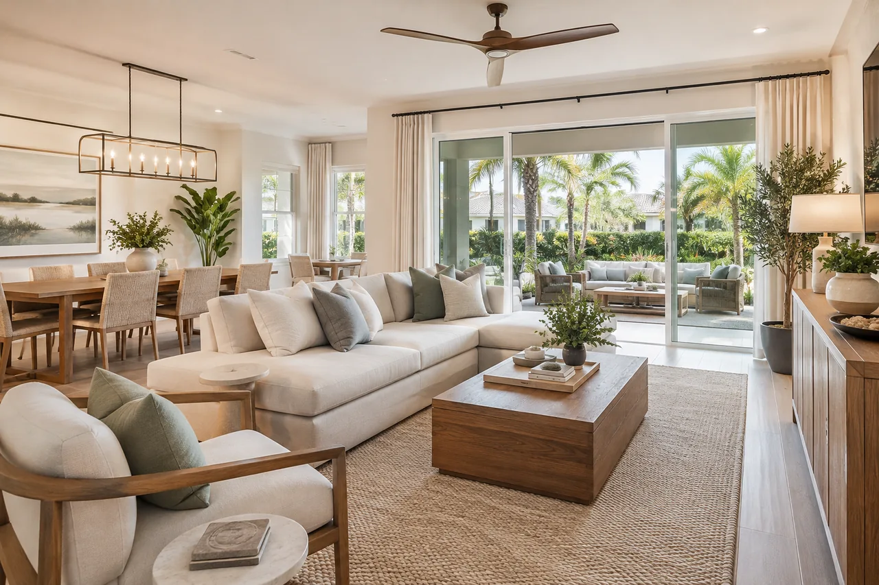 Well-kept modern Florida rental interior with organized living and dining spaces