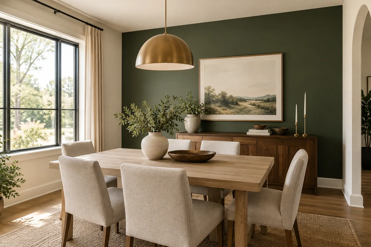 Modern dining room with a refined green accent wall and clean painted edges
