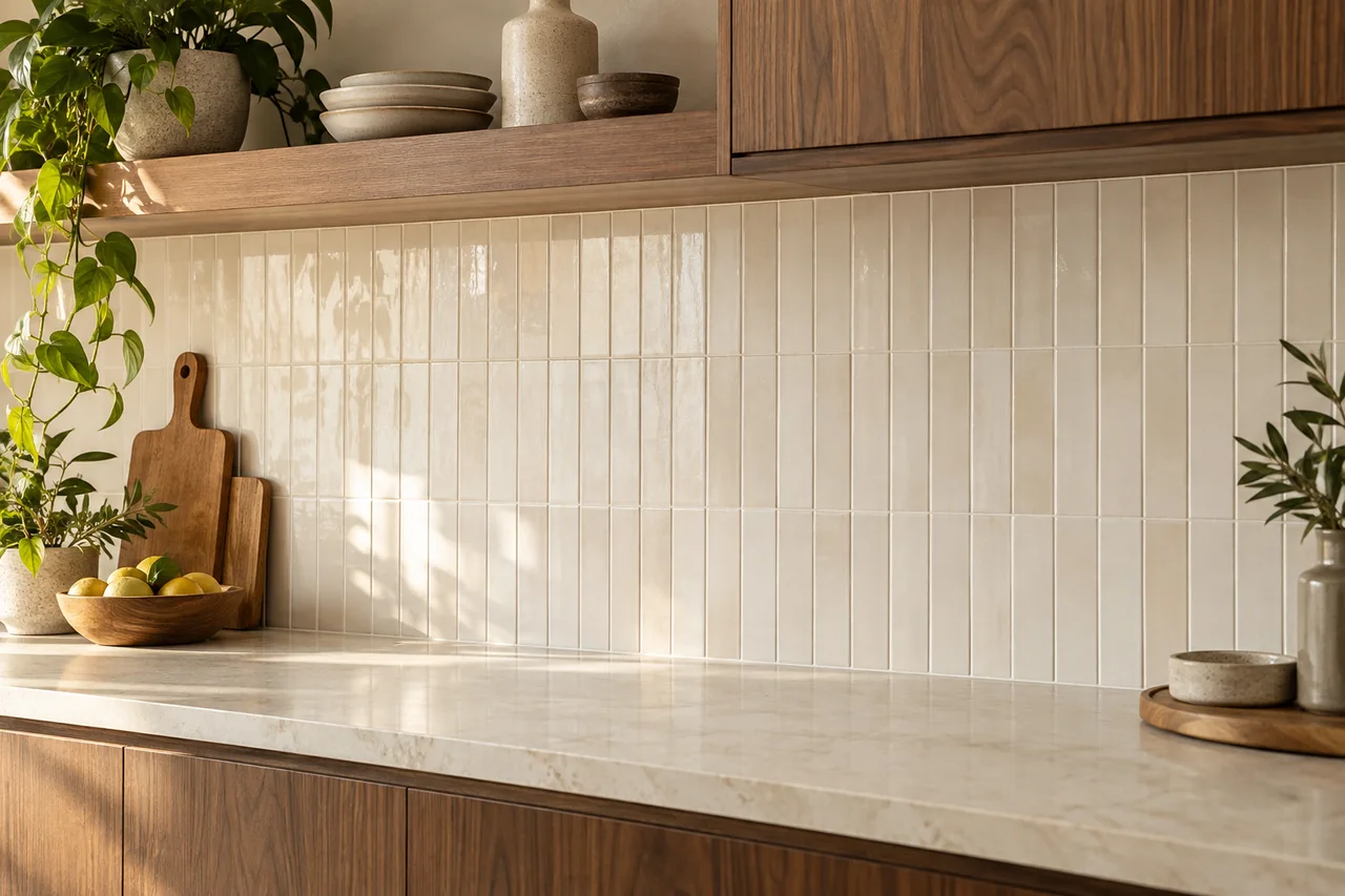 Modern kitchen backsplash with vertically stacked ivory tile and neat grout lines